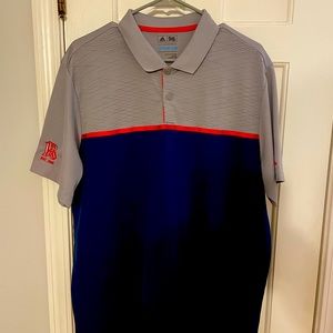 Adidas golf polo, grey, blue and red with country club logo